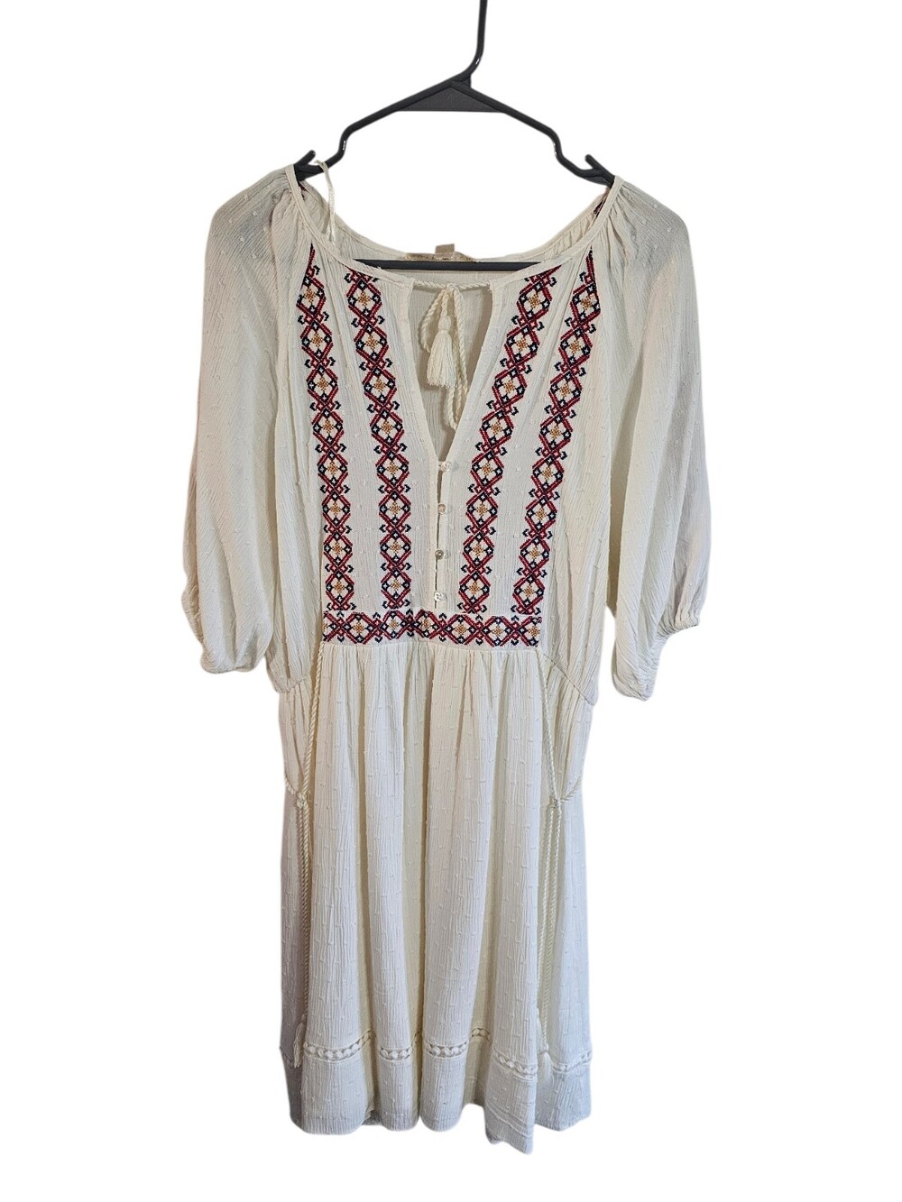 Lovestitch Ivory Embroidered Boho Midi Dress Tassel Tie Waist Peasant Medium - Picture 2 of 7